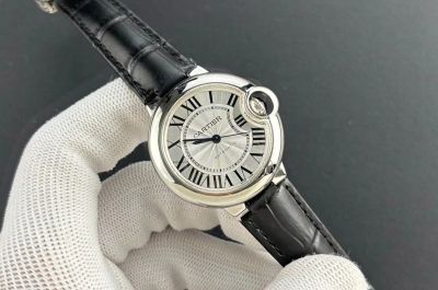 Ballon Bleu De Cartier 33mm NH05 Movement Black Leather Strap White Face Watch